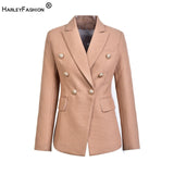 HarleyFashion European Casual Slim fitness Metal Gold Button Jacket White Black Khaki Colors Female Blazer