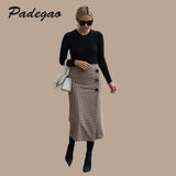 AEL Retro Female Hight Waist Asymmetry Woolen Midi Skirt Wrap New Plaid Women Clothing Vintage Fashion Jupe Longue Femme Slim